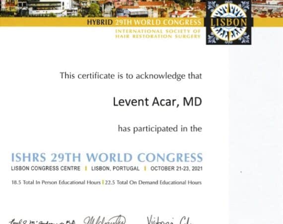 Certificate of participation for 29th ISHRS world congress 2021 in Lisbon