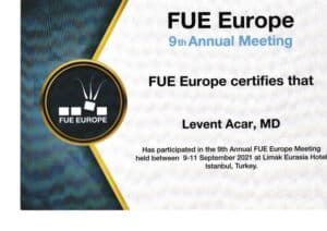 Certificate of participation for 9th annual FUE Europe congress in Istanbul 2021