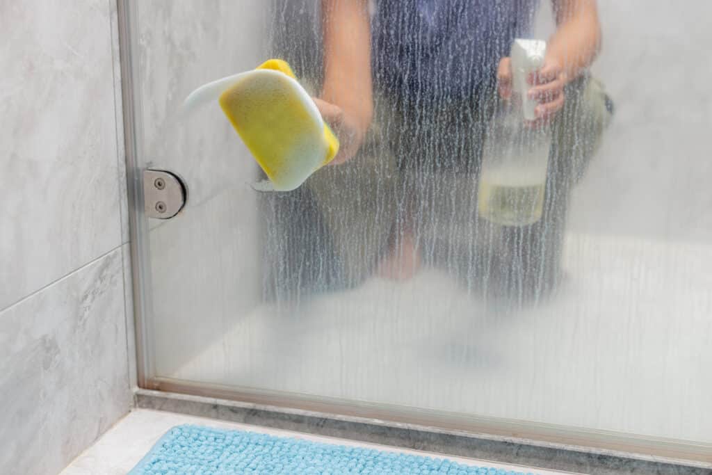 Removing hard water stains and deposits in bathroom