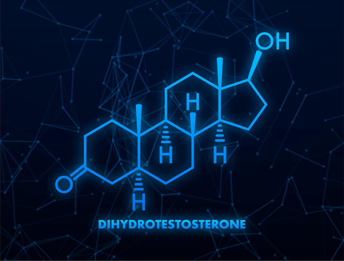 Dihydrotestosterone DHT, androstanolone, stanolone hormone molecule. Skeletal formula. Vector stock illustration.