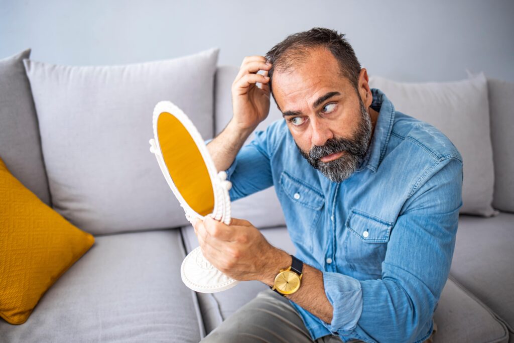 Man controls hair loss and unhappy looking in the mirror