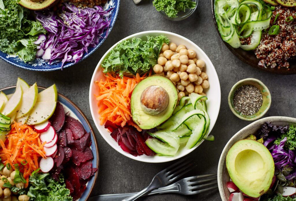 Breakfast vegan bowls for healthy eating on gray table