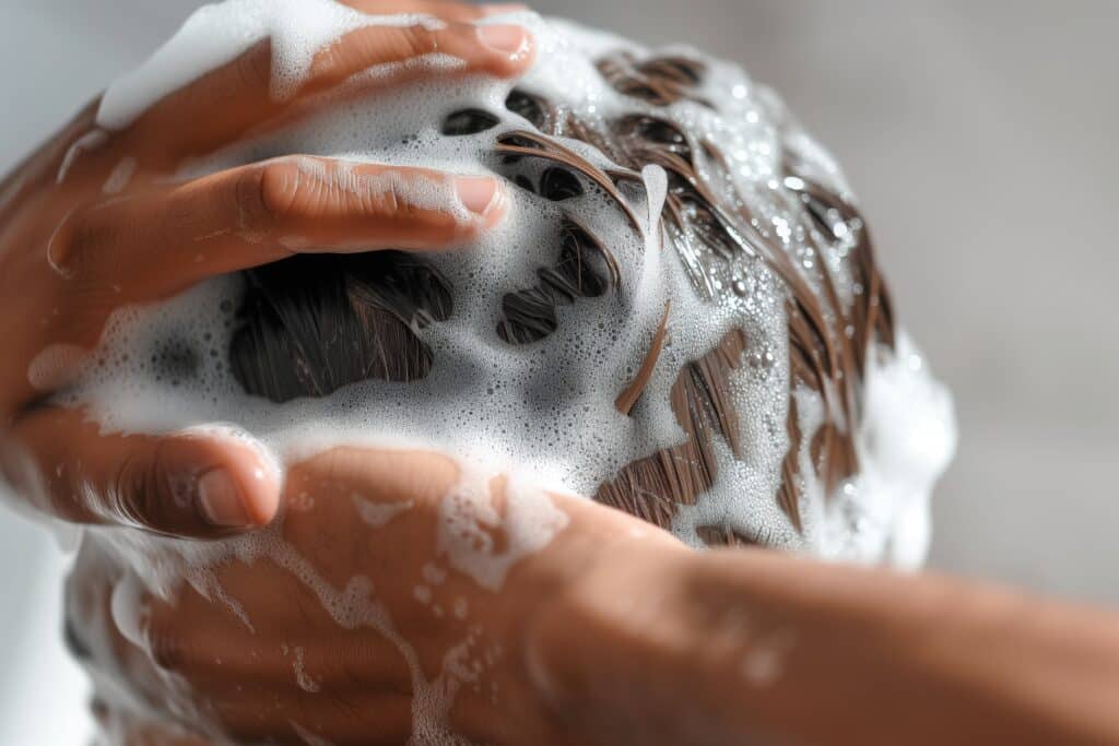 man washing hair with thickening shampoo