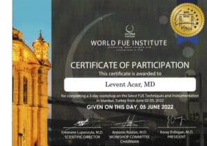 Certificate of participation for World FUE Institute congress 2022 in Istanbul