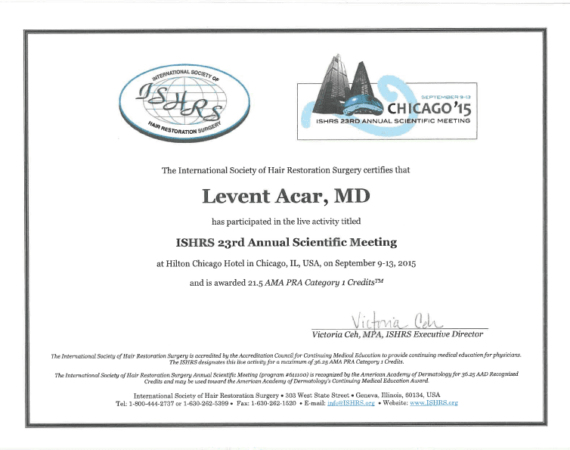 Dr. Levent Acar got his certificate from ISHRS congress 2015 in Chicago