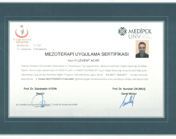 Medical Aesthetic Workshop in İstanbul Turkish Health Ministry Private Medipol University certificate of Dr Acar